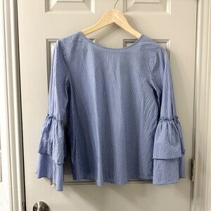 Loft Blue Pinstripe Cotton Blouse Tieback Neck & Ruffled Bell Sleeves - XS - S